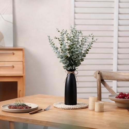 Vase with Greenery, 20pcs Artificial Eucalyptus Stems in Black Vase, Fake Plant Home Decor, 19" Decorative Faux Plants for Home Farmhouse Mantle Centerpiece Decor