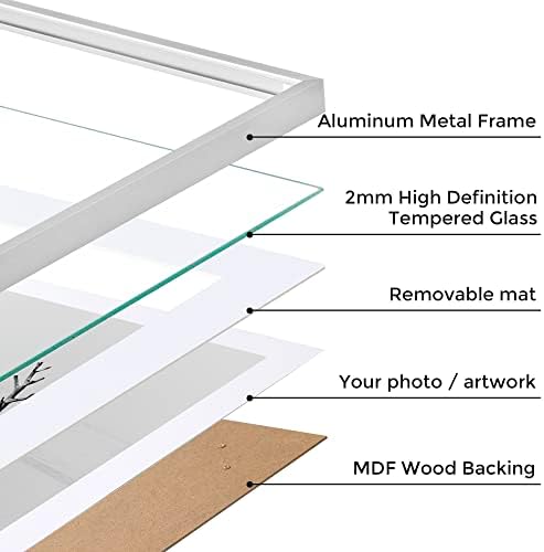 16x20 Metal Picture Frame with 11x14 Mat, Brushed Aluminum Finish, Tempered Glass Front, and Attached Hanging Hardware - Versatile Wall Display Frames for Vertical or Horizontal Orientation(Silver,