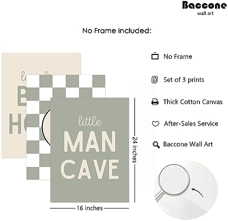 Long Live Boyhood Wall Art Nursery Baby Boys Canvas Wall Art Decor Preppy Retro Poster Prints Kids Little Man Cave Pictures Sage Green Artwork for Room Bedroom Set of 3 16x24 Inch Unframed