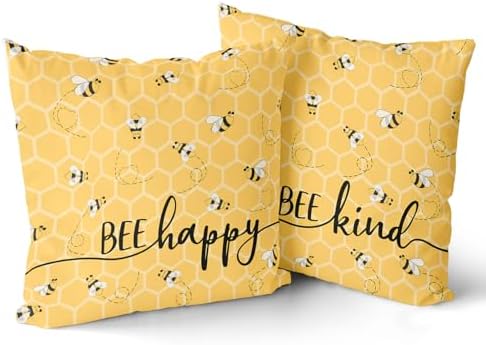 Giwawa Summer Pillow Covers Set of 2-20x20inch Bee Happy Decorative Square Pillowcases - Yellow Honeycomb Farmhouse Throw Cushion Cover for Sofa Couch Indoor Outdoor Living Room