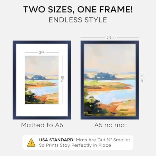 Homeforia A5 Blue Picture Frame, High-End Metal, A6 Mat, Glass