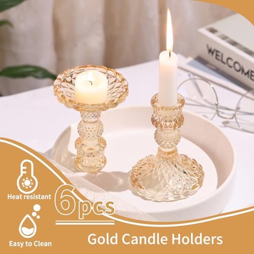 Taper Candlestick Holder Set of 6, Gold Candle Holders & Vintage Candlestick Holders, Glass Candle Holder for Table Centerpieces, Fall, Christmas, Autumn, Thanksgiving Decor