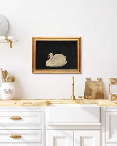 WHASAYART Gold Framed Vintage Wall Art for Living Room, Grace Swan Art Painting Pictures Rustic Animal Bathroom Prints Farmhouse Wall Decor Canvas Swan Shelf Decor for Kitchen Bedroom Zwaan 12"x16"