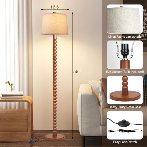 Ruiever Wood Floor Lamp for Living Room,Real Wood Standing Lamp with Color Changing Bulb, Tall Lamp with Linen Shade, Floor Lamp for Bedroom,Corner,Dining Room (Walnut Finish with 3 Color LED Bulb)