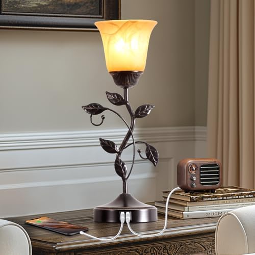 Set of 2 Touch Vintage Bedroom Leaf Table Lamps with 2 USB Ports