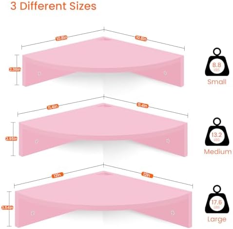 Homode Corner Shelf Wall Mount, Set of 3 Corner Floating Shelves with Cable Hole, 3 Tier Wood Corner Hanging Shelves, Living Room Bedroom Bathroom, Pink