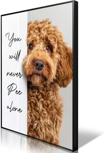 FGQ Framed Funny Dog Bathroom Canvas Wall Art Cute Animal Humorous Goldendoodle Painting Pictures Restroom Wall Decor You Will Never Pee Alone Poster Print Artwork for Toilet Nursery Decor 12x16in