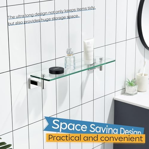 KOKOSIRI Bathroom Shelves Wall Mounted Floating Glass Shelf Polished Stainless Steel 20-Inch Hanging Rack for Storage/Room Decor 2 Pack B1105CH-L20-P2