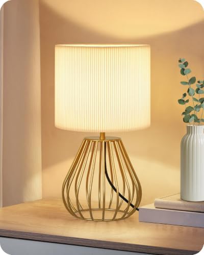 Gold Table Lamp with Pleated Lampshade, 12.6" Small Bedside Lamp