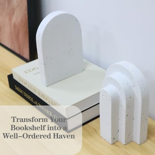 Decorative Book Ends for Shelves - Boho Aesthetic Bookends Decor - Heavy Duty Travertine Book Stopper Holder for Home Office Desk Coffee Table, Gifts for Book Lovers (White)