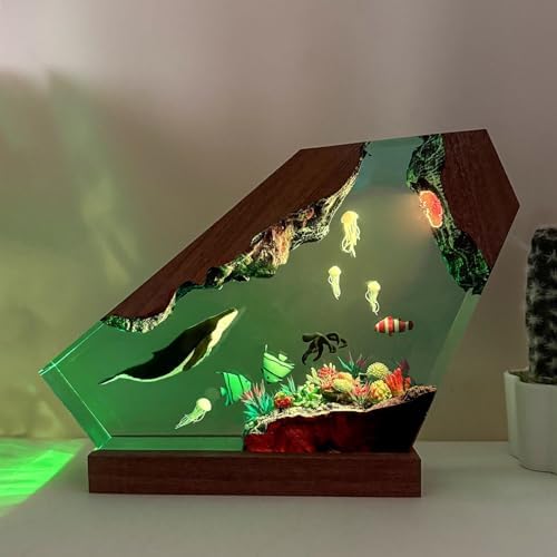 Handmade Blue Whale Resin Lamp with Wood Base
