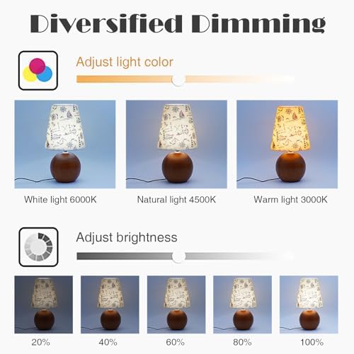 Vintage Wooden Night Lamp, Wood Base Fabric Lampshade, Adjustable Light Color and Brightness with Power-Off Memory, Safe USB Powered, Retro LED Table Light for Bedroom Living Room Office (Voyage)