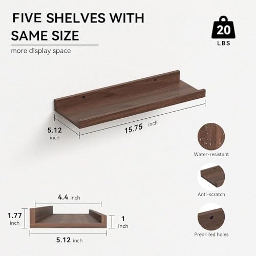 RICHER HOUSE 5-Set Floating Shelves with Lip, Walnut Wall Mounted Shelf