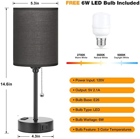Small Bedside Table Lamp for Bedroom - Desk Lamp with USB Ports for Dorm