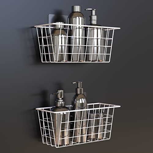 MaraFansie Wall Wire Baskets Bin No Drilling Adhesive Hanging Baskets Wall Mounted for Cabinet & Pantry Organization and Kitchen, Bathroom, Bedroom Storage, 2 Pack, White