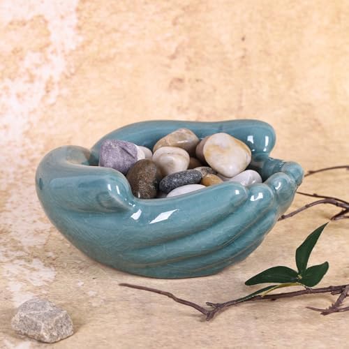 Ceramic Hands Bowl Dish Sculpture, Giving Hands Candy Holder for Succulent Planter, Crystal Rock Holder, Office, Keys Bowl for Entryway Table (Blue)
