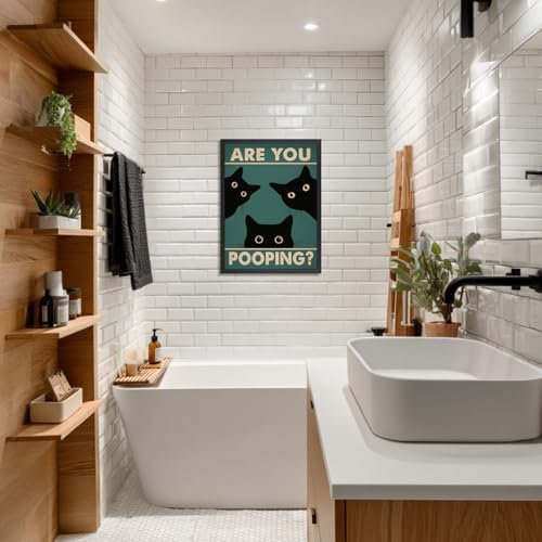 Cyebmo Funny Black Cat Bathroom Wall Art, Whimsical Toilet Humor Wall Decor, “Are You Pooping?” Cat Art Print, Three cats Poster Print for Restroom BathRoom Wood Framed Ready to Hang 16x24 Inch