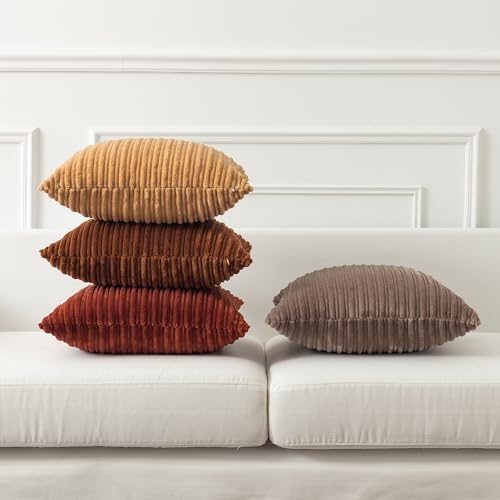 Kevin Textile Striped Corduroy 24”x24” Pillow Covers 2 Pack, Light Brown