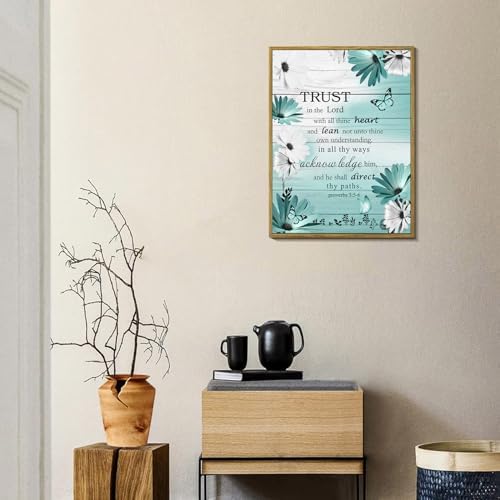 LB Teal Blue Floral Wall Art for Bathroom Bible Verse Framed Canvas Wall Art Wall Paintings Home Decor Daisy Flower Butterfly Wall Pictures for Living Room Bedroom Office Ready To Hang,12x17 Inch
