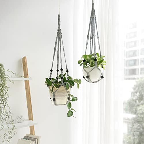Mkono Macrame Plant Hanger Indoor 35 Inch Hanging Planter Basket Grey 1Pc