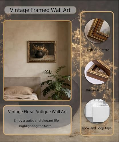 Gold Framed Wall Art Vintage Floral Antique Wall Art Moody Still Life Botanical Wall Decor Picture Rustic Country Cottagecore Autumn Dried Flowers Poster Print for Living Room Bedroom 9x11in