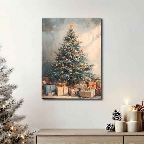 Framed Vintage Canvas Wall Art, Rustic Winter Evergreen Tree Pictures 24x36inch Pine Tree with Gifts Wall Decor for Kitchen, Bathroom, Room Decor Perfect for Winter, Christmas Decoration