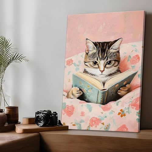 Framed Cats Canvas Wall Art, Funn Tabby Cat Reading Books Picture Wall Decor, Pink Vintage Animal Poster Prints for Girls Room Bedroom Kids Room Living Room Bathroom Decor 12x16 inch