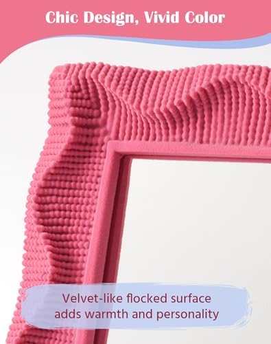 Modern Aesthetic Mirror for Girly Bedroom Wall Decoration,Rose Pink | 9.5x7.5" Wavy Frame,Soft Velvet-like Touch,Table Makeup Mirror for Creative Workspace,Room Makeover Gift for Daughter Sister