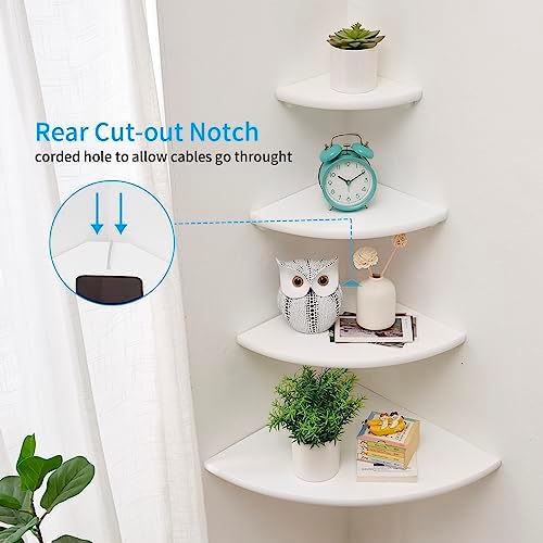 Corner Shelf, White Solid Oak Wood Floating Corner Shelves Wall Mount Round End Floating Speaker Rack Display Shelf for Small Plant Photo Frame (White, 13.8in)