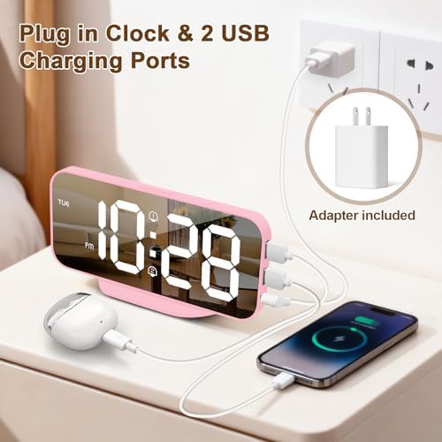 ALANAS Pink Mirror Digital Alarm Clock for Girls & Teens, Dual Alarms, Snooze, Adjustable Brightness, 2 USB Ports, Weekday Display, Cute Bedside Clock for Kids, Bedroom, Desk, Dorm, Gift Idea