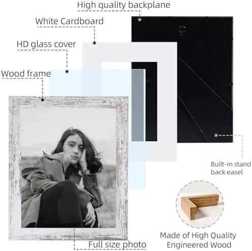 Muzilife Rustic White 8x10 Picture Frame with Mat, Real Glass Cover, 2 Pack