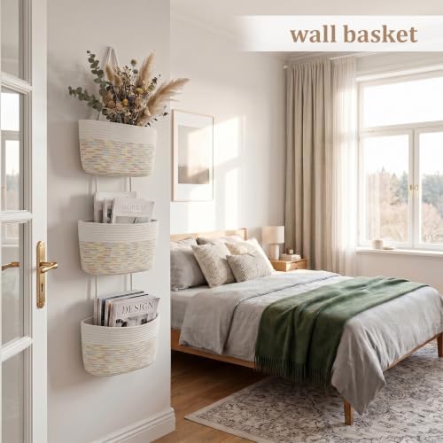 TeoKJ Over the Door Hanging Basket, 3-Tier Woven Cotton Wall-Mounted Storage Organizer Bag Decorative Hanging Nursery Baskets, White & Rainbow Stitching