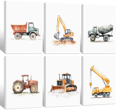 Nursery Construction Truck Wall Art Decor Toddler Boys Room Poster Kids Nursery Tractor Canvas Wall Art Construction Vehicle Pictures Boy Truck Artwork for Bedroom Playroom 8x10x6 Inch Wrapped Canvas