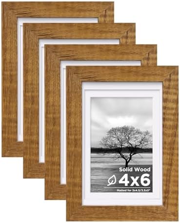 Egofine 4x6 Picture Frames Made of Solid Wood with Plexiglass Set of 4, Display Pictures 3x4.5 and 3.5x5 with Mat or 4x6 Without Mat for Tabletop and Wall Mounting, Teak Wood