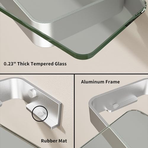 Danpoo 20 Inch Long Floating Shelf, Clear Tempered Glass Wall Shelf with Matte Silver Aluminum Frame - Spacious and Stylish Storage for Your Home