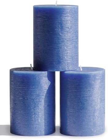 CANDWAX 3x4 inch Pillar Candles Set of 3 – Unscented Dripless Rustic Blue Candles for Home Styling, Parties, Weddings, Decor