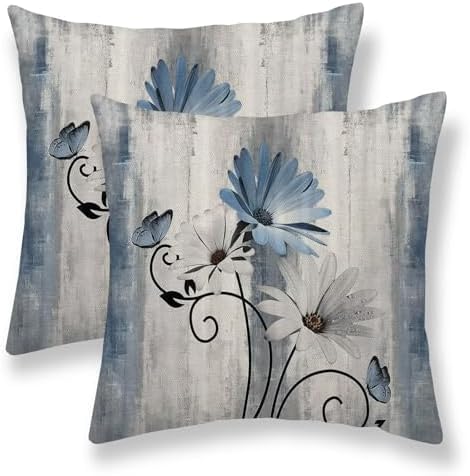 Baby Blue Floral Pillow Covers 20 x 20 Inch Set of 2 Daisy Floral Butterfly Decorative Throw Pillow Covers Linen Rustic Farmhouse Cushion Cases for Home Sofa Couch Living Room Decor