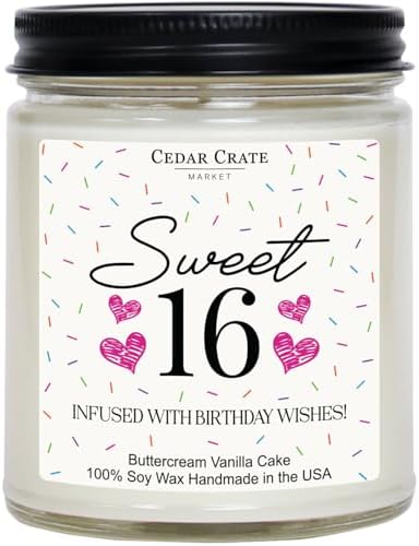 Cedar Crate Market -16th Birthday Gifts for Girls, Sweet 16 Birthday Candle, Buttercream Vanilla Cake Scented, Soy Wax Present for Daughter, Friend,Teen Girl, Handmade Aromatherapy Candle Decorations
