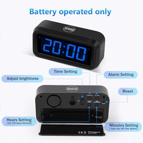 Digital Alarm Clock Battery Operated with LED Display for Bedrooms, Long Battery Life, 3 Brightness Adjustable, 12/24 Hour, Snooze, Black Case with Blue Digits