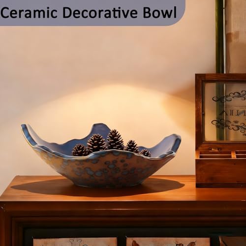 8" Small Ceramic Decorative Bowl，Irregular Rim Reactive Glaze Key Bowls for Entryway Table，Blue Coffee Table Bowl Decor，Modern Fruit bowls for Tabletop or Home Decor