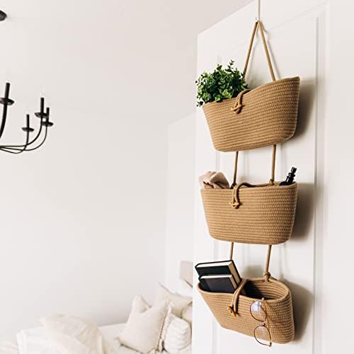 OrganiHaus Over the Door Organizer, Woven Rope Hanging Baskets, 3-Tier