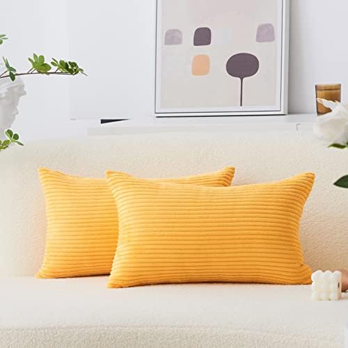 Home Brilliant 12 x 20 Summer Pillow Covers Set of 2 Plush Striped Corduroy Velvet Rectangular Throw Pillow Covers for Chair Couch Decor Lumbar Pillows, 12 x 20 inch, Sunflower Yellow