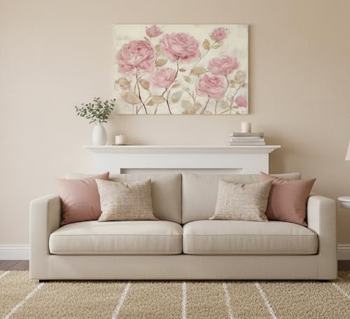 Vintage Pink Rose Canvas Wall Art Rustic Farmhouse Pink Gold Flower Abstract 3D Texture Painting Picture Wall Decor Poster Prints Artwork for Bedroom Apartment Woman's Room Home Decoration
