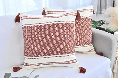 Geometric Checkered Pattern Throw Pillow Covers with Boho Tassels Rust Brown18x18 inch -Set of 2 / Decorative Cushion Covers for Couch Sofa Indoor Outdoor/Farmhouse Woven Pillow Cases