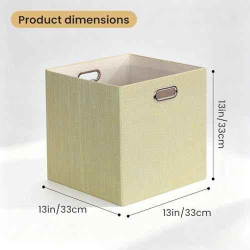 Posprica Storage Cubes, 13 x 13 x 13 Inches Fabric Bins with Double Handles，Cubes Basket Containers, For Shelf Cabinet Bookcase, Closet Organizers for Shelves, Foldable-Set of 4, Yellow/Beige mixed