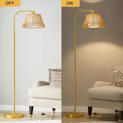 Oneach Arc Floor Lamp for Living Room,Rattan Boho Floor Lamp with Hand-Woven Wicker & Fabric Shade, Foot Switch,Gold Metal Base & Pole,Farmhouse Standing Lamp for Bedroom Corner,Office,Reading