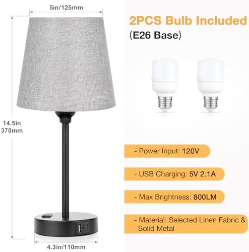 Grey Bedside Lamps Set 2 for Bedroom - Dimmable Touch, USB C+A, AC Outlet