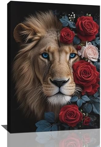 Crekviy Lion Wall Art Lion Pictures Wall Decor Red Rose Canvas Prints Painting Artwork Decoration for Office Bathroom Bedroom Living Room Framed Gifts 16"x24"