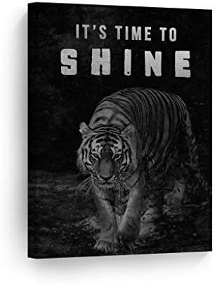 Smile Art Design It's Time to Shine Black and White Tiger Motivational Wall Art Canvas Print Inspirational Wall Art Entrepreneur Quote Modern Office Living Room Decor Gift Ready to Hang 22x15