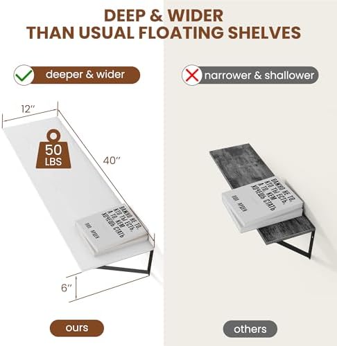 Heimlove 40W x 12D Deep Floating Shelves Set of 2 White